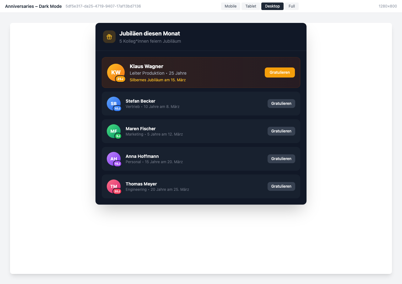 Jubiläums-Widget im modernen Dark-Mode Design
