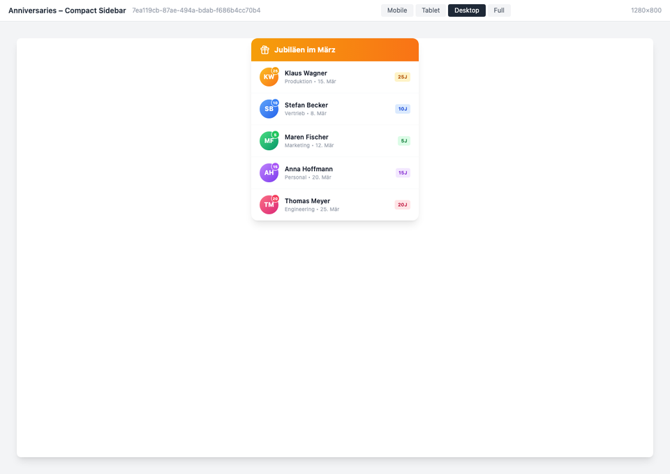 Platzsparende Sidebar-Darstellung der Jubiläen