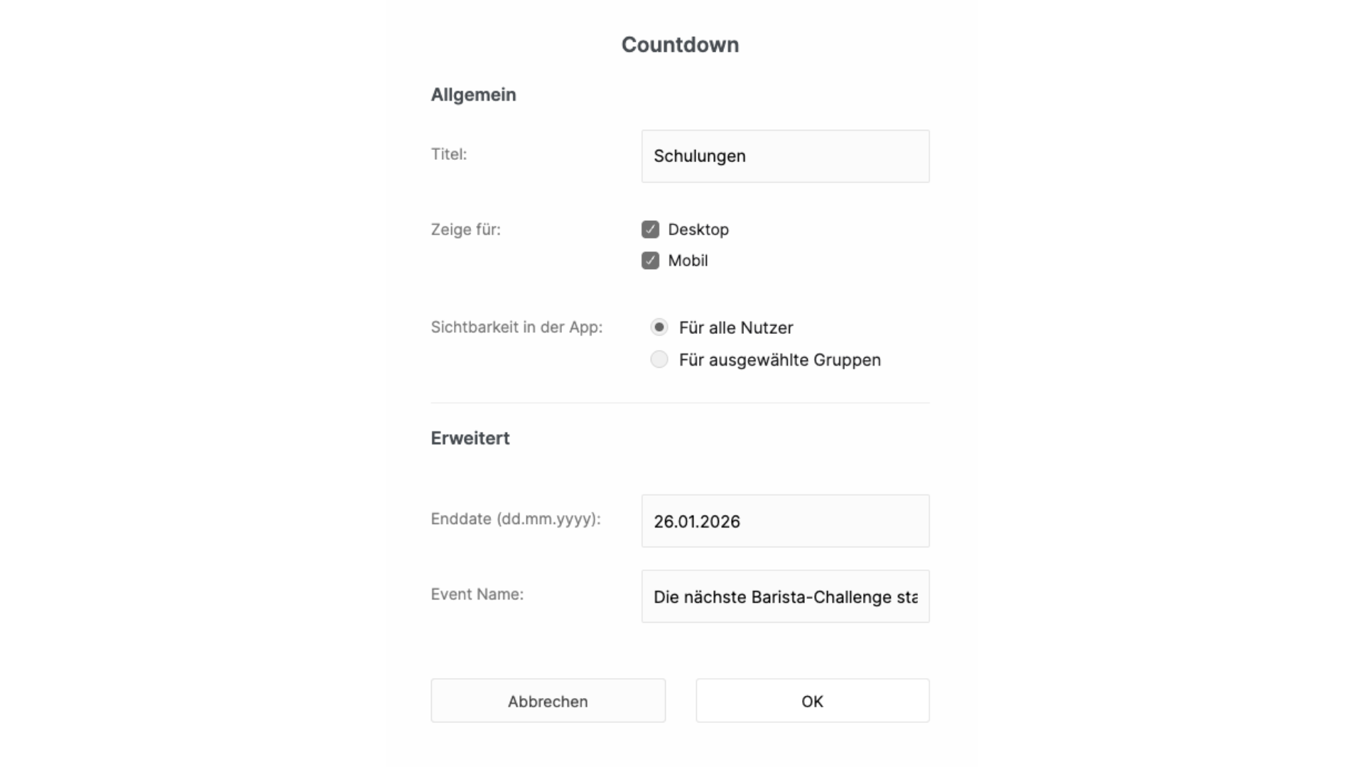 Einstellungen des Countdown Widgets im Seiteneditor