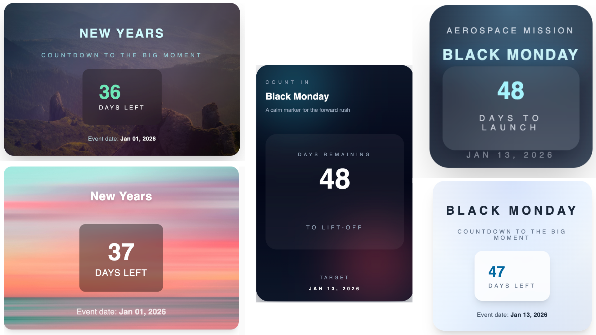 Verschiedene Design-Vorlagen für Countdown-Anzeigen