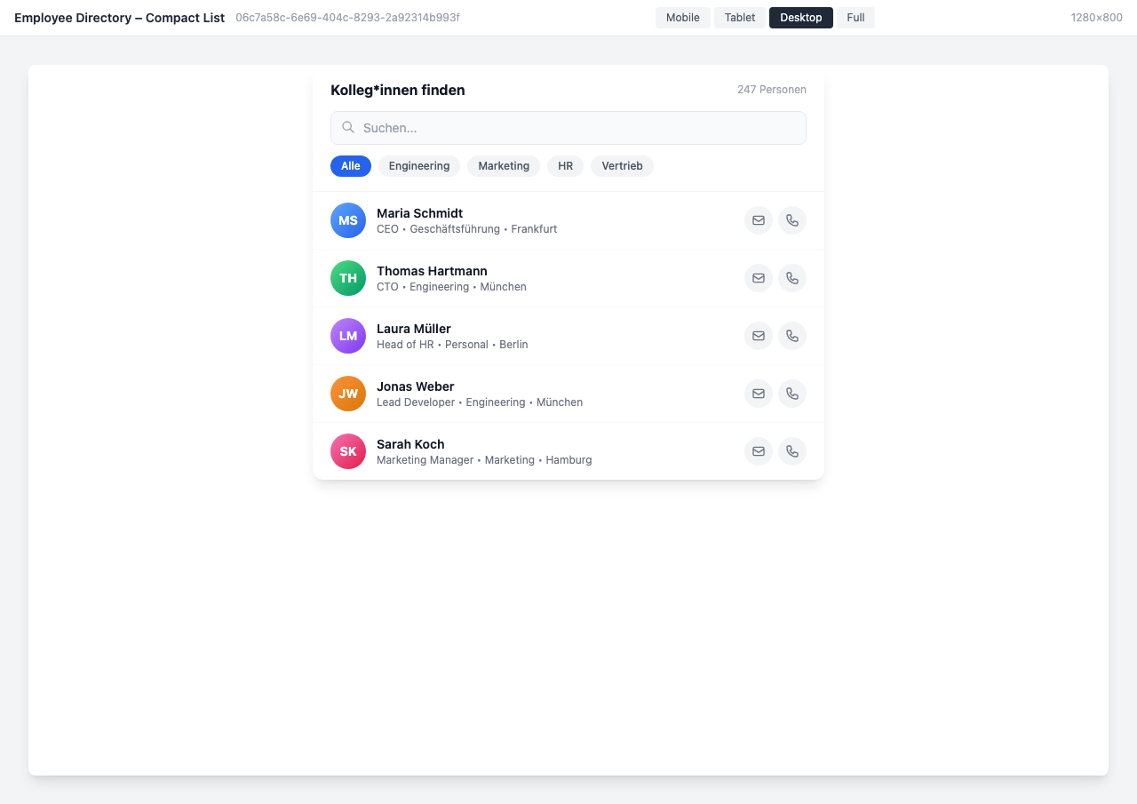Mitarbeiter-Liste mit Suchleiste, Abteilungsfilter und Kontakt-Buttons