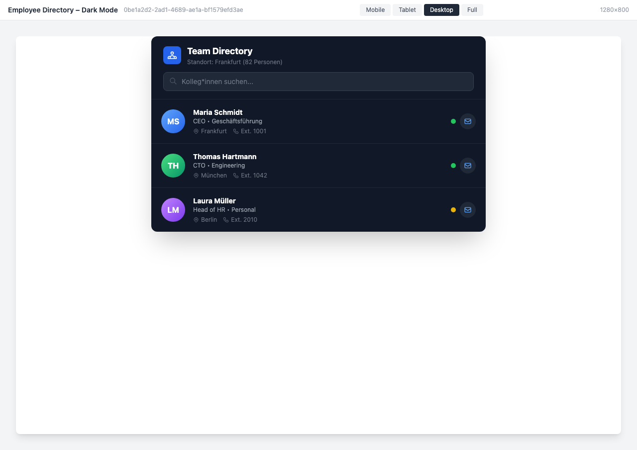 Mitarbeiterverzeichnis im Dark Mode mit Verfügbarkeitsstatus