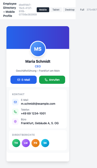 Detailliertes Mitarbeiterprofil auf dem Smartphone mit Kontaktoptionen