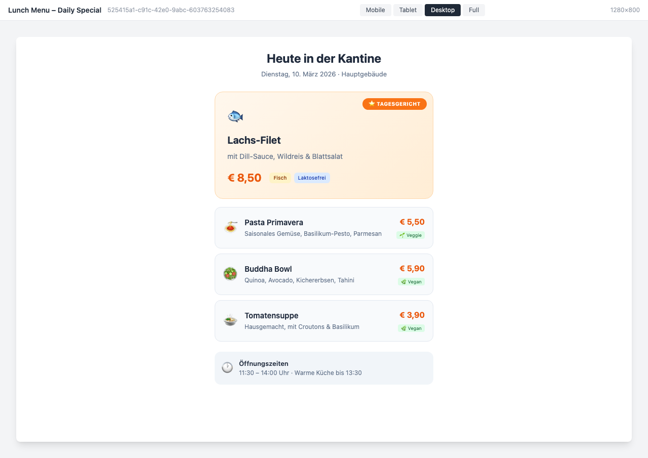 Kantinen-Speiseplan mit hervorgehobenem Tagesgericht und weiteren Optionen