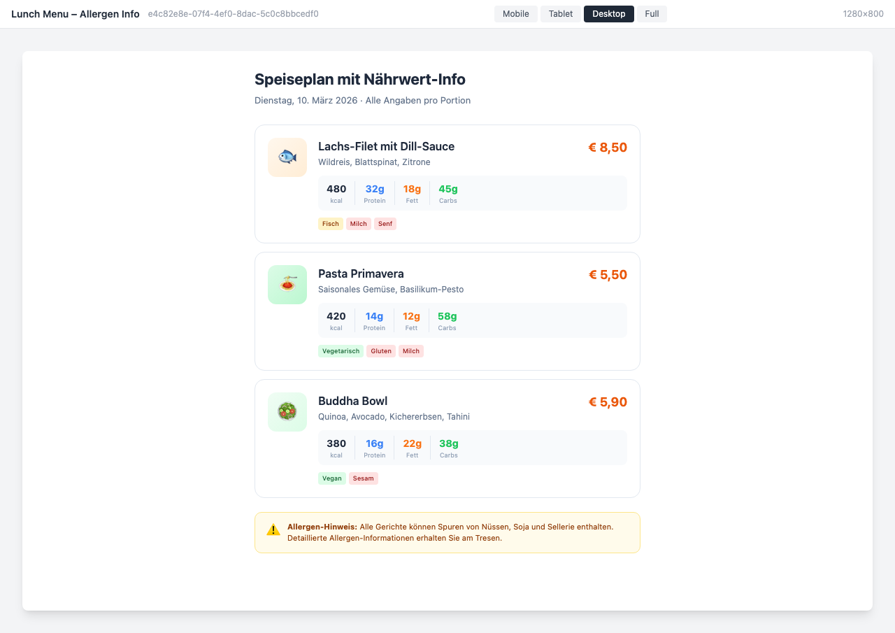Detaillierte Allergen- und Nährwertangaben pro Gericht