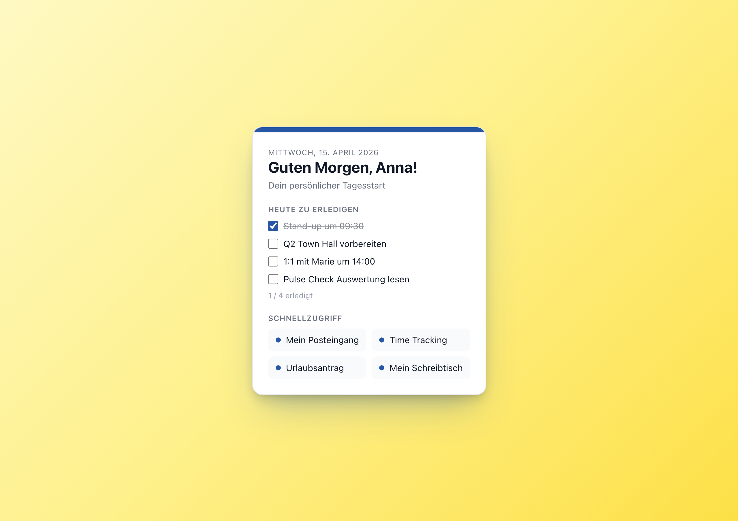 Mein Arbeitstag Widget – personalisierter Tagesstart im Intranet Screenshot