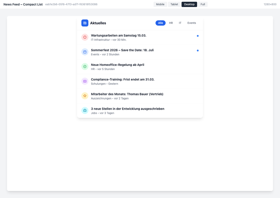 News-Feed als kompakte Liste mit Kategorie-Icons und Filter-Tabs