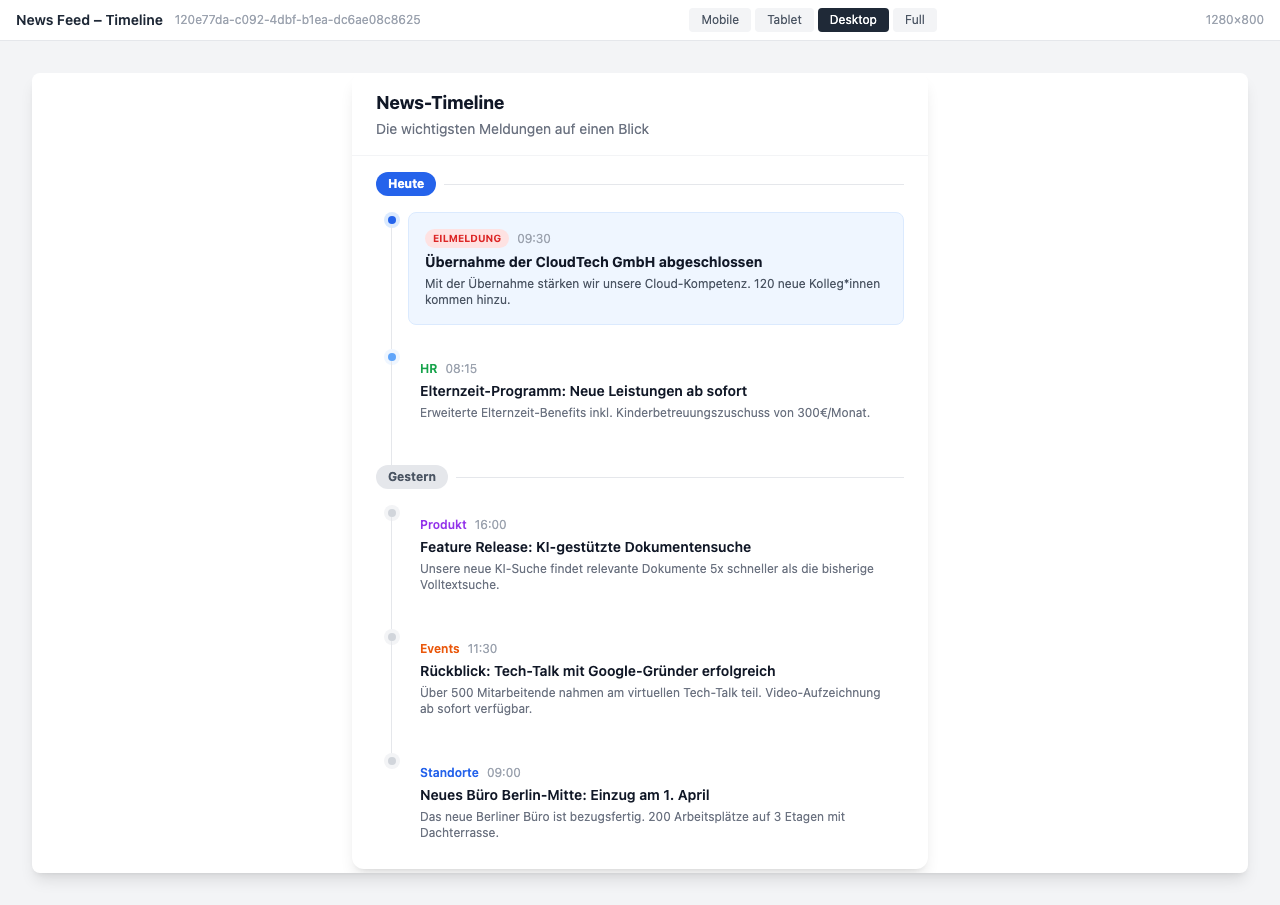 News als vertikale Timeline mit Tages-Gruppierung und Eilmeldungen