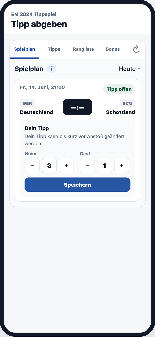 Smartphone-Ansicht des Tippspiel-Widgets mit Tipp-Eingabe und Stepper-Buttons