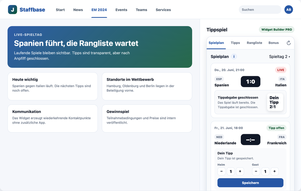Tippspiel-Widget im Staffbase-Intranet: Spielplan mit anstehenden Partien, Tipps-Eingabefeldern und Punktestand