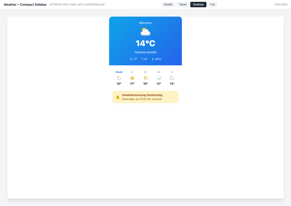 Platzsparende Sidebar-Ansicht mit Wetter-Warnung