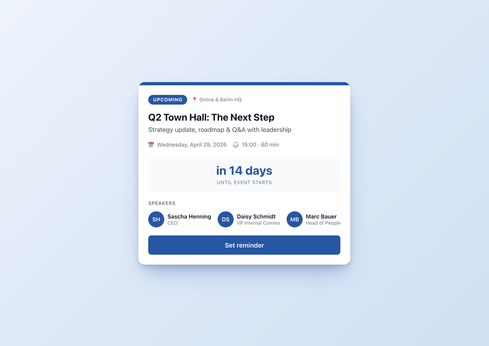 Town Hall Watch Party in the Staffbase Intranet – one widget for every phase