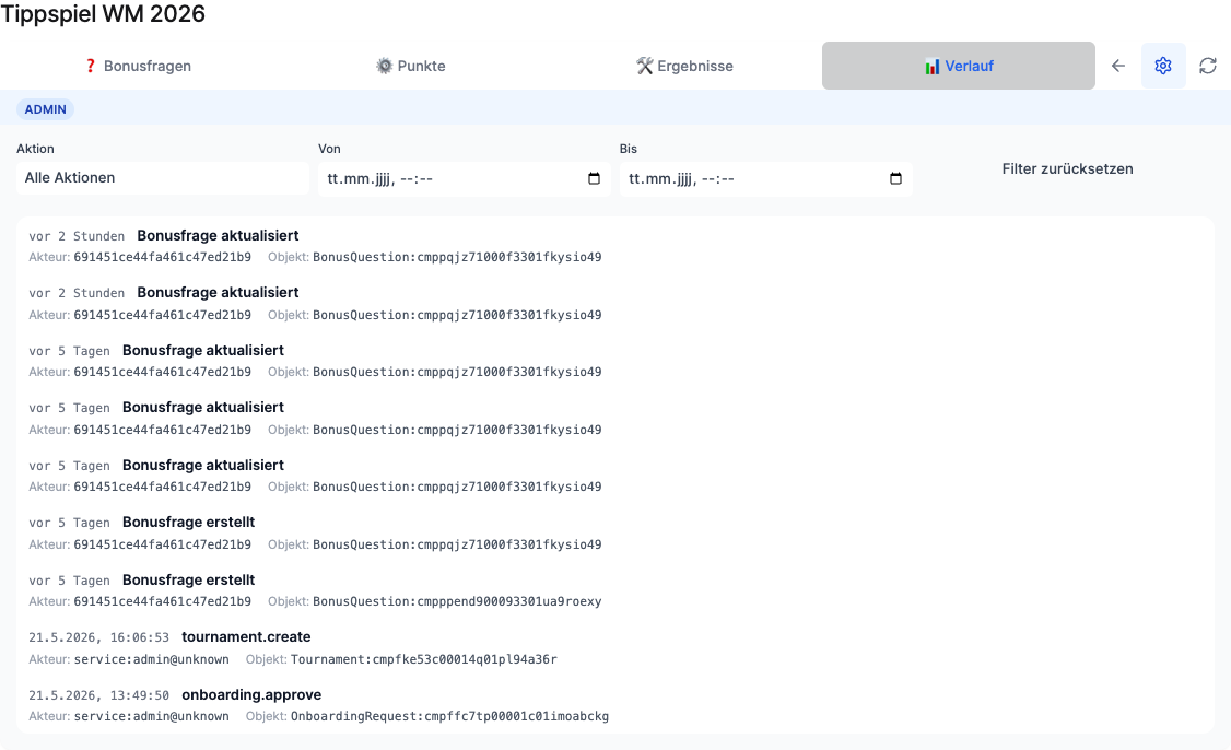 Admin tab “History”