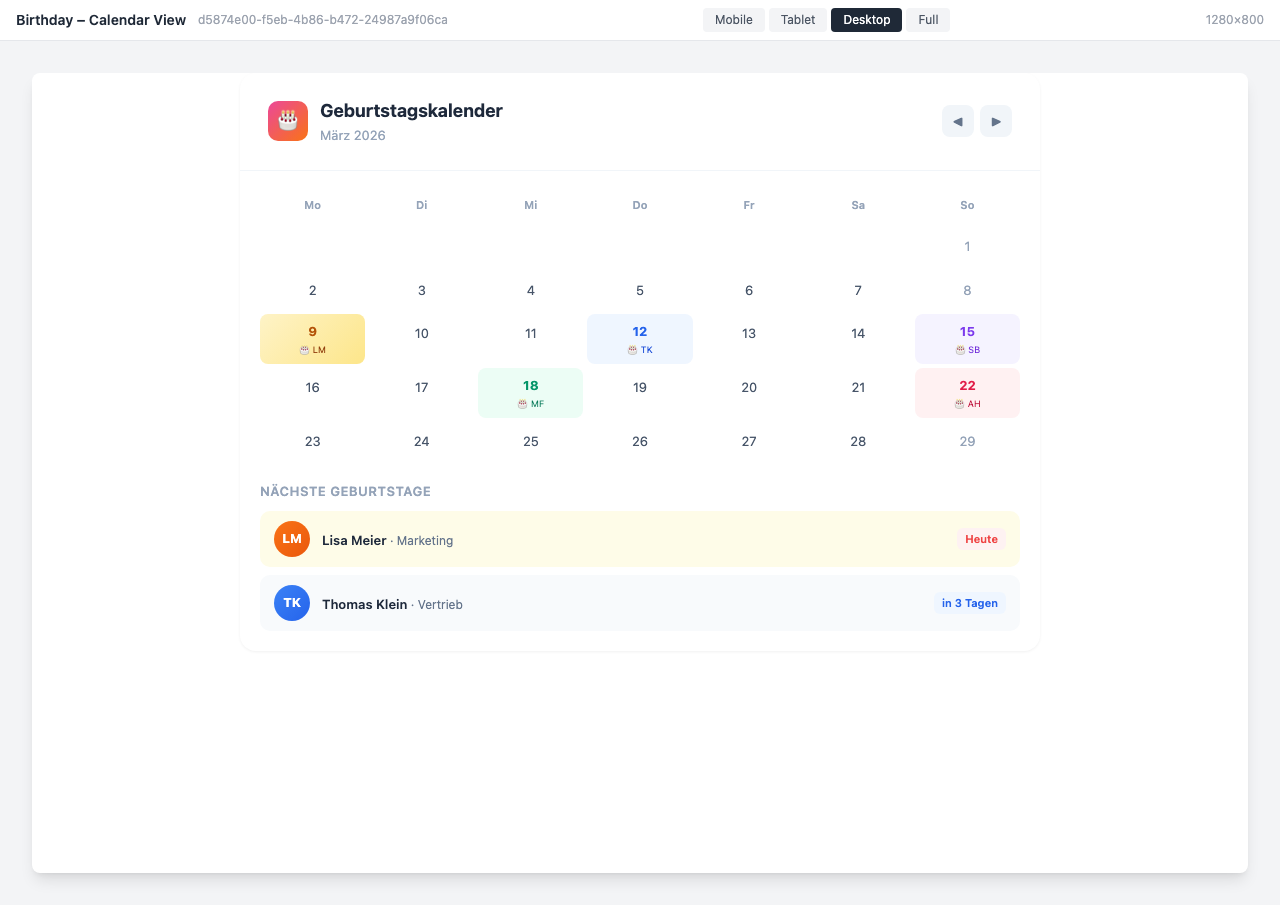 Monthly calendar with color-highlighted birthdays
