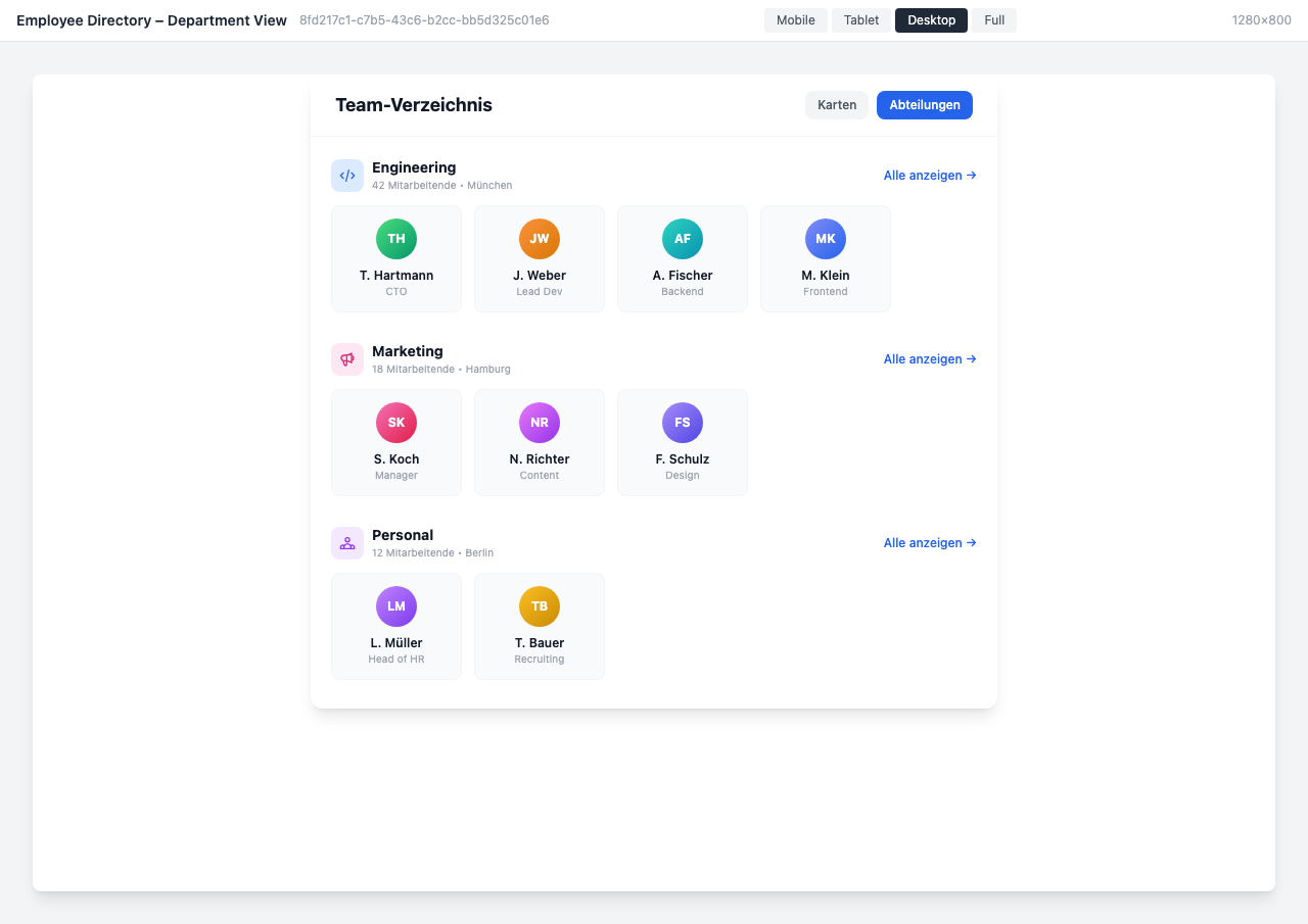Team directory grouped by departments with scrollable employee cards