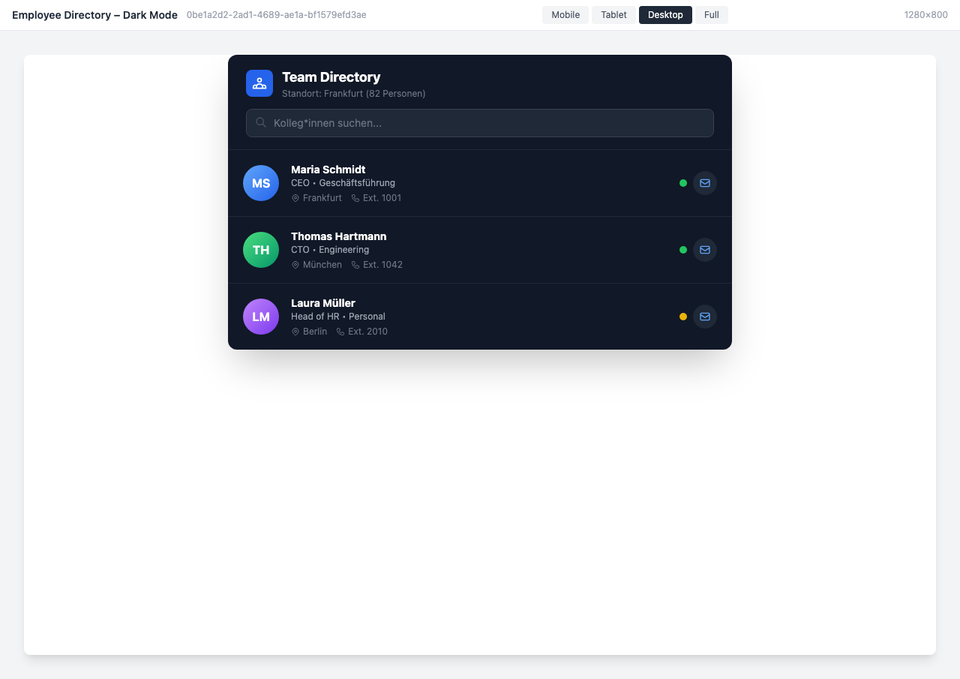 Employee directory in dark mode with availability status
