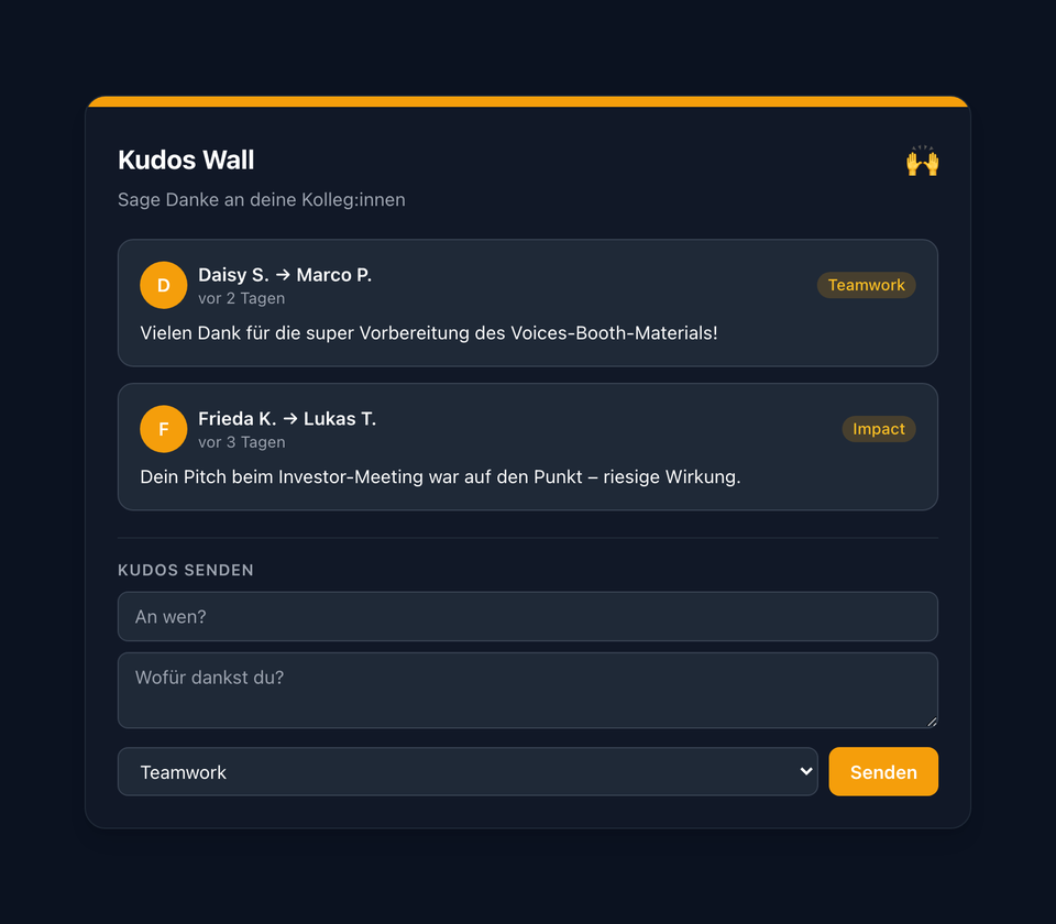 Kudos Wall in dark mode with amber accent and 2 kudos