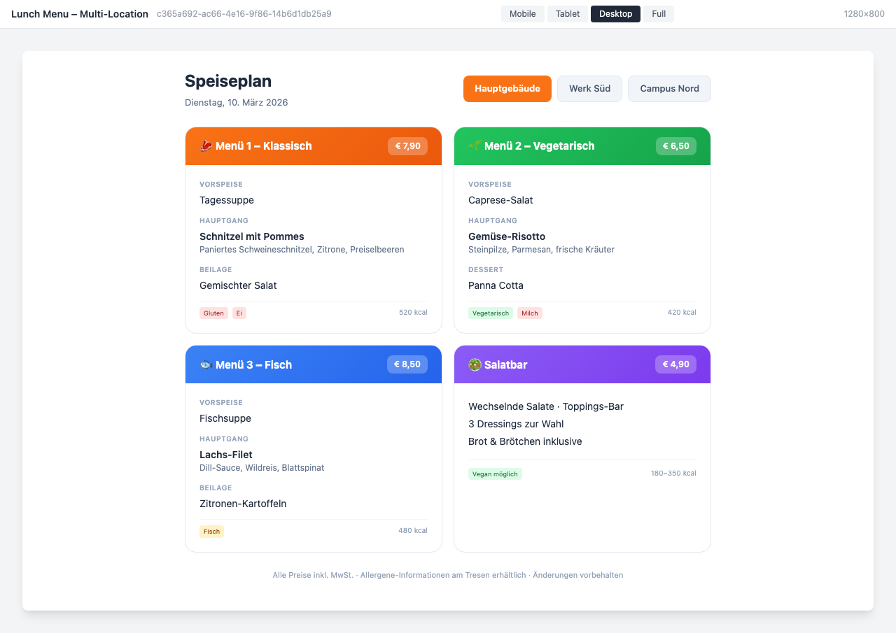 Menu with location selection and various meal options