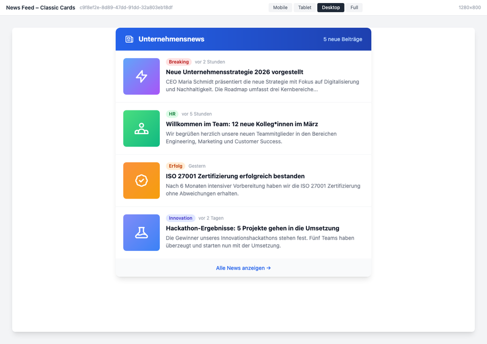 News feed in card layout with colored category tags and article previews