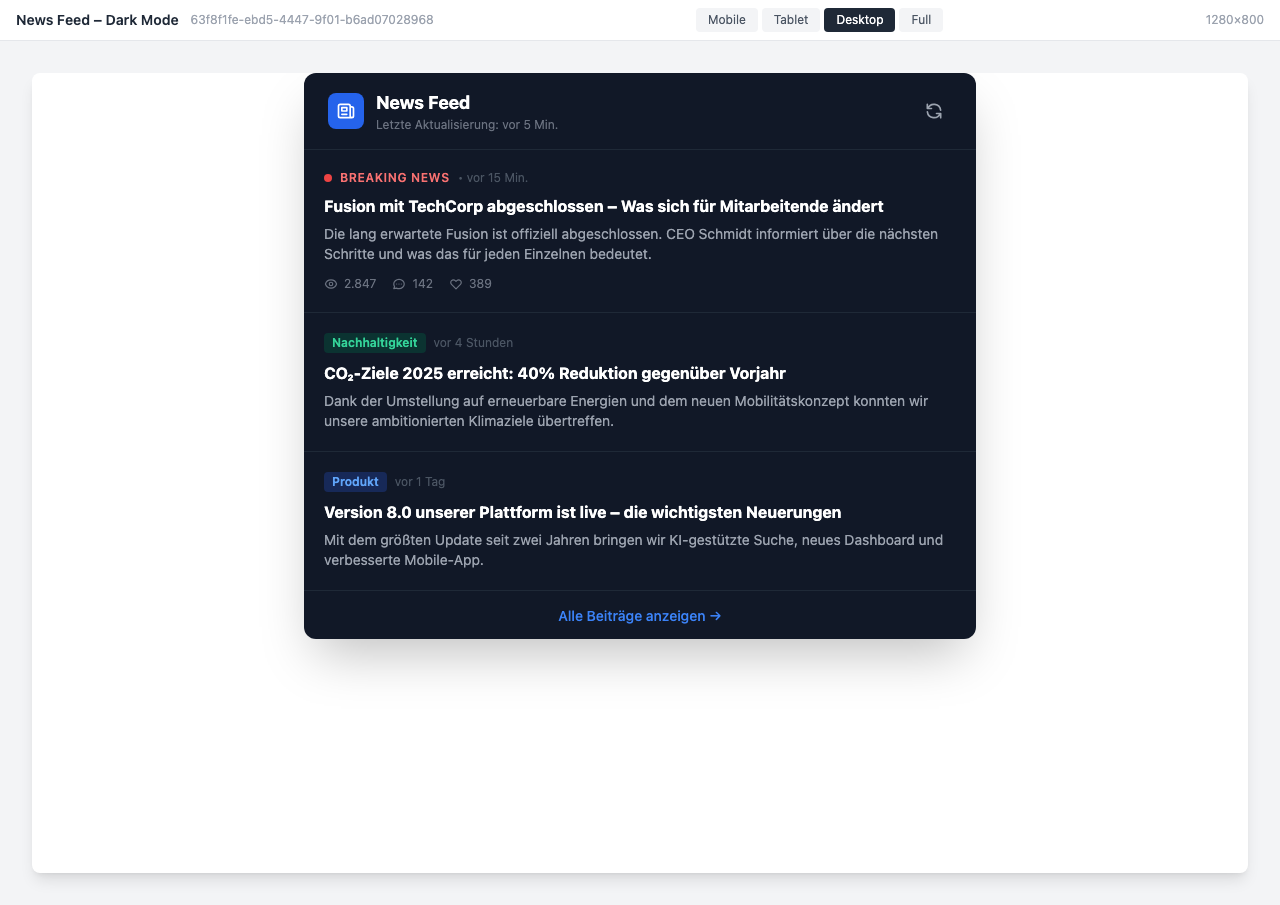 News feed in dark mode with reader, comment, and like counters