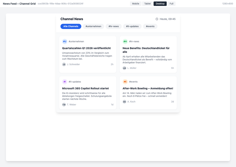 News as card grid sorted by channels with author profiles
