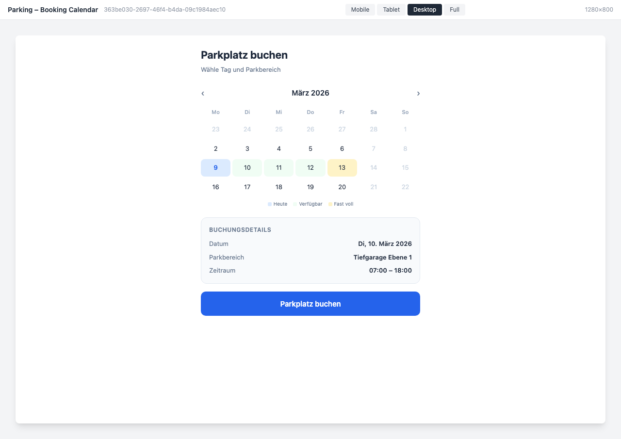 Parking space booking with calendar view and availability display