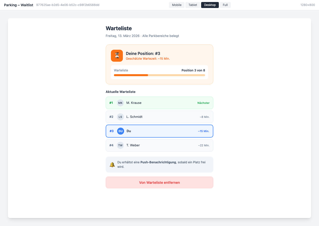 Waiting list feature with position display and estimated wait time