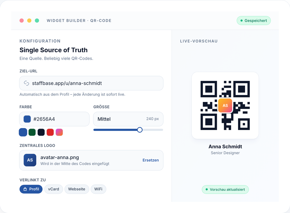 Widget Builder editor with configuration form on the left and live QR code preview on the right