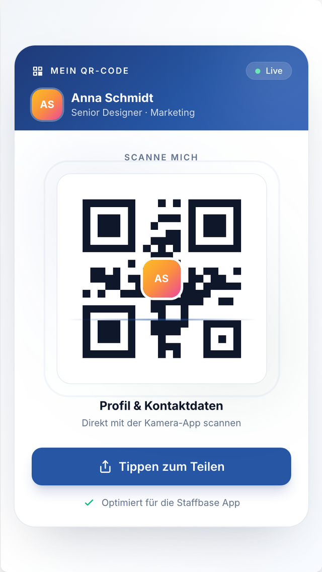 Compact mobile view with large QR code, profile header and tap-to-share button
