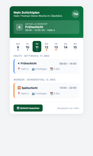Personalized shift schedule on smartphone with daily overview
