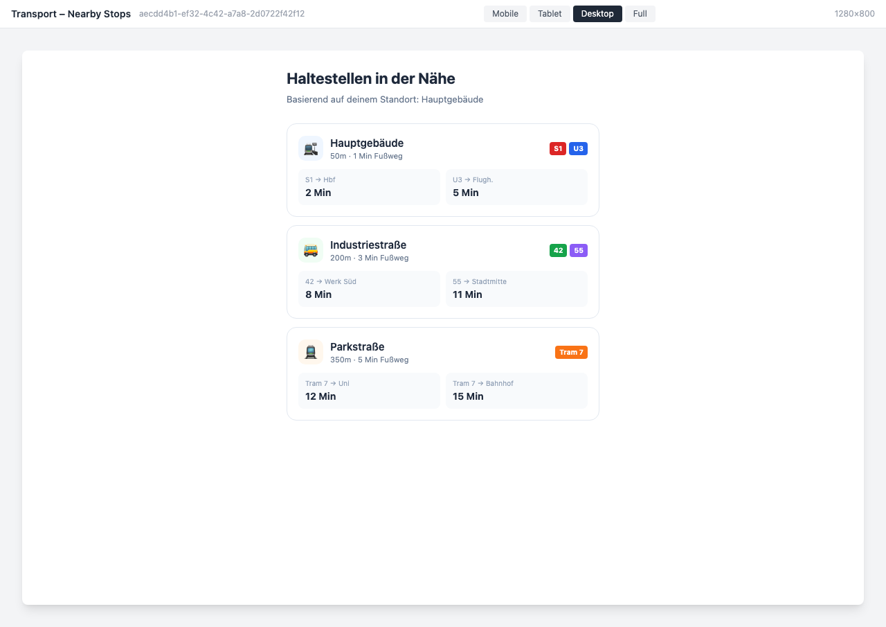 Overview of nearby stops with distance and departures