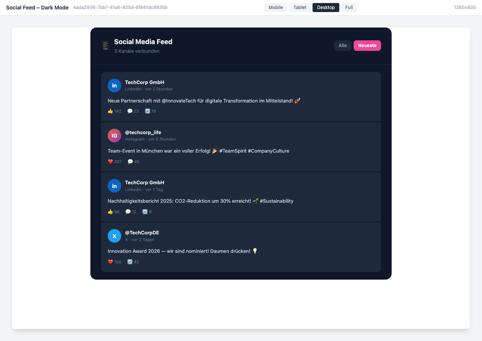 Social feed in dark design theme