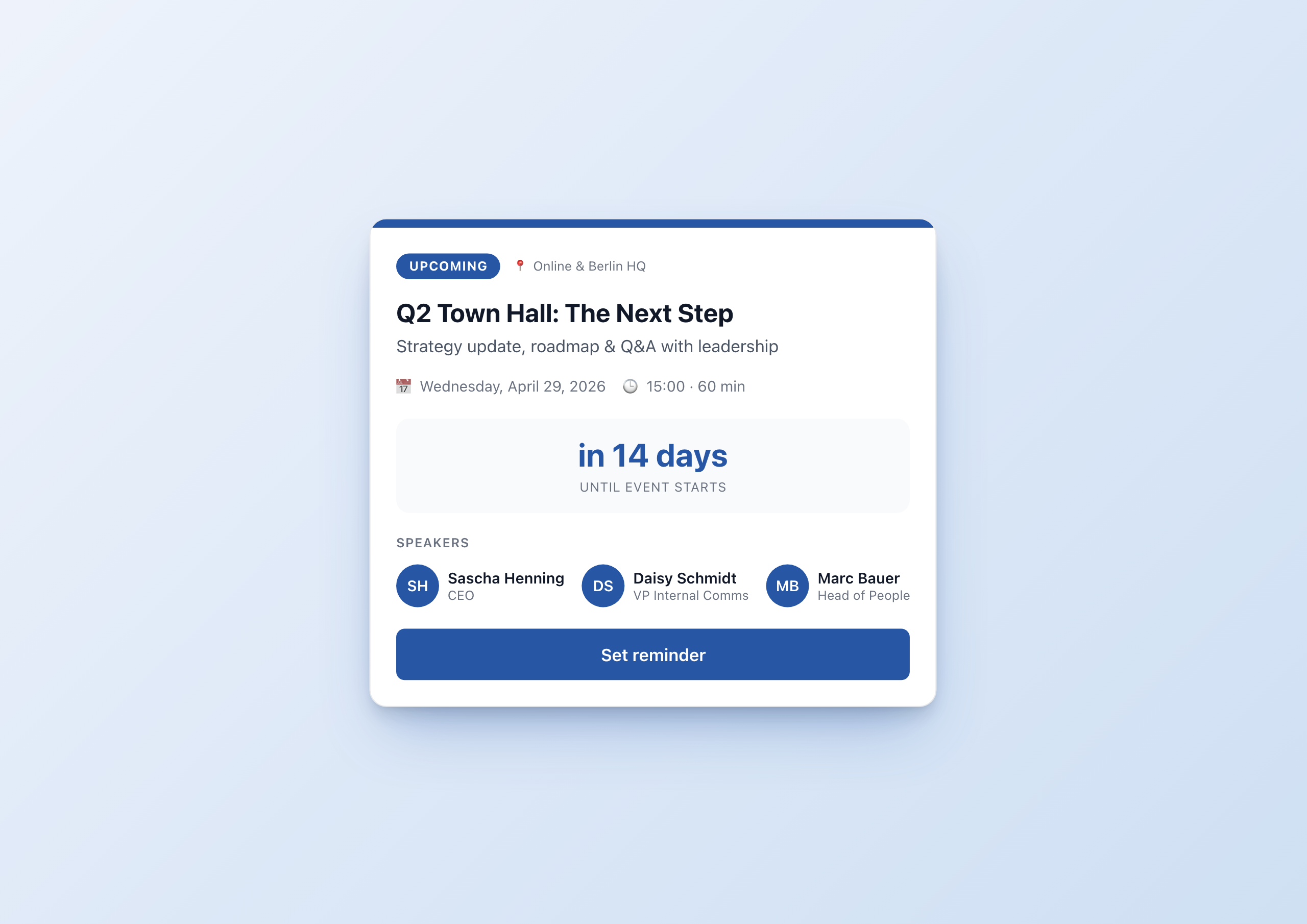 Staffbase Town Hall Widget – Live Events in the Intranet Screenshot
