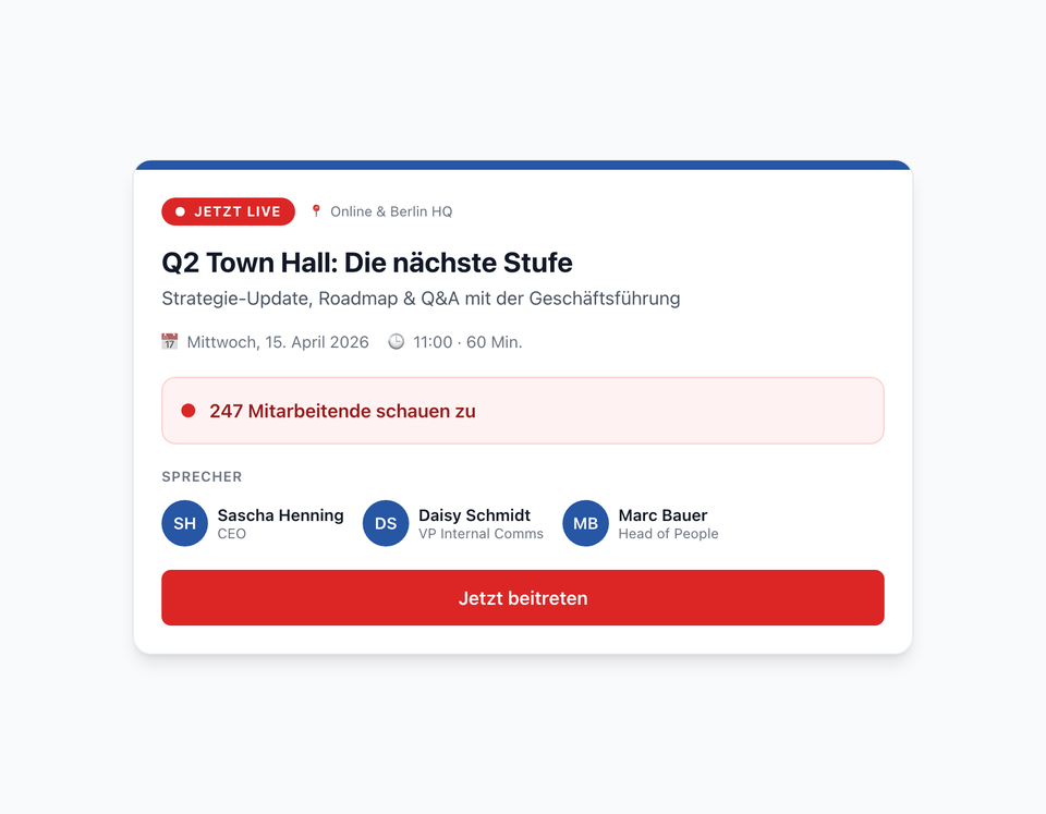 Town hall widget in live mode with pulsing indicator and 247 viewers