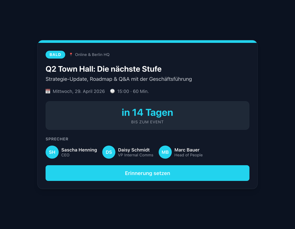 Town hall widget in dark mode with cyan accent