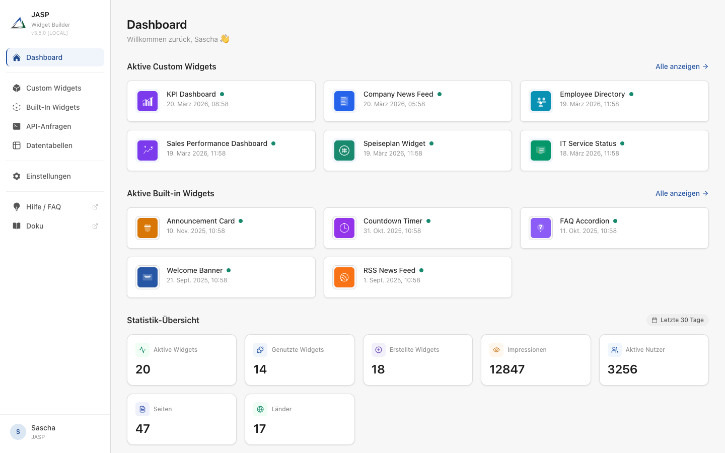 Widget Builder App Dashboard - Erstelle und verwalte Custom Widgets für dein Intranet